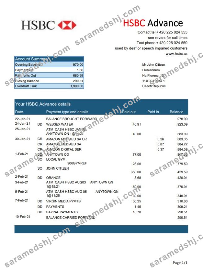 Czech HSBC bank statement easy to fill template in Excel and PDF format